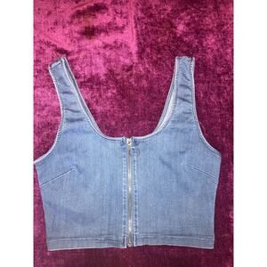 IRIS Chambray Stretch Denim Zipper Crop Top Size Medium M Juniors